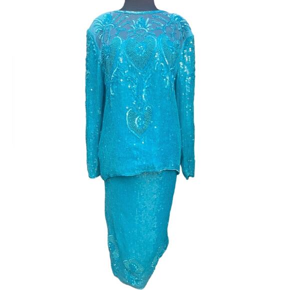 Vtg Turquoise Seguin Floral Applique Sheer Panel Blouse And Skirt Coord Set L - Picture 3 of 9